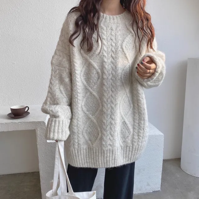 Mohair Sweater For Women For Autumn And Winter Outer Wear Thickened Loose Cozy Style Pullover Mid length Twist Knitted Sweater White - Shop at LoveMi