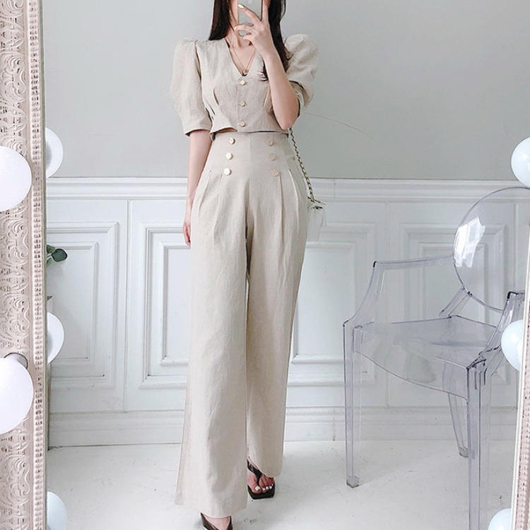Two-piece Set Of Temperament V-neck Short Top High-waist Loose Wide-leg Pants