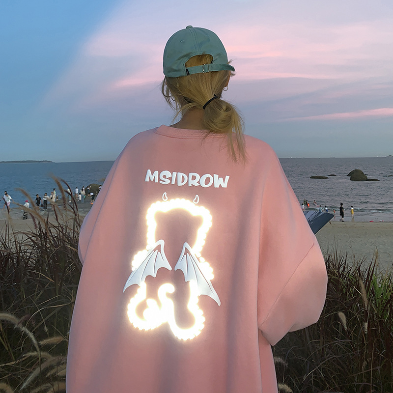 Three-dimensional Letter Bear Reflective Print Loose Plus Size Couple Sweater