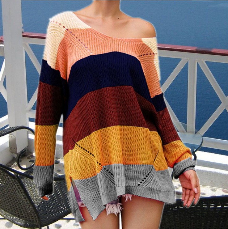 Rainbow Color Matching Loose Long-sleeved Pullover Women