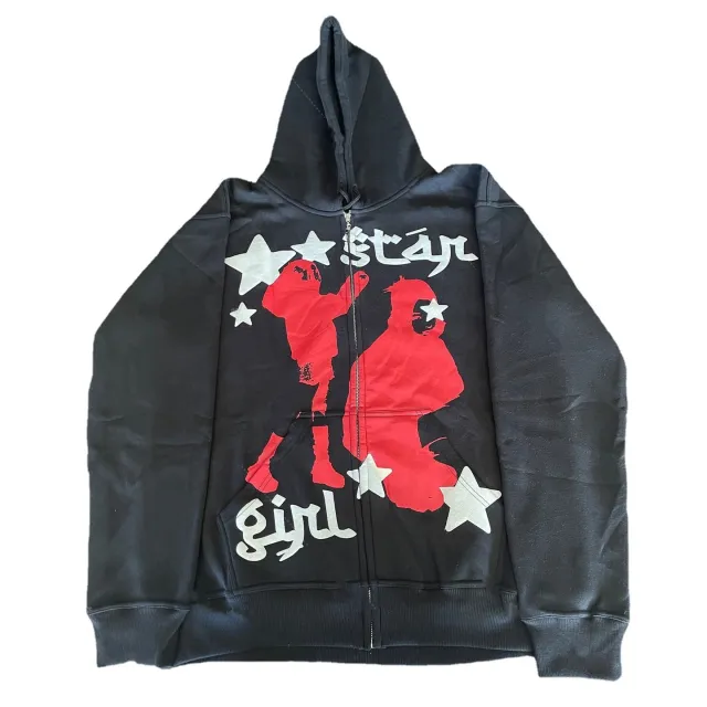 Street Hip Hop Star Print Black Zip Hoodie Sweatshirt Women Black - Shop at LoveMi