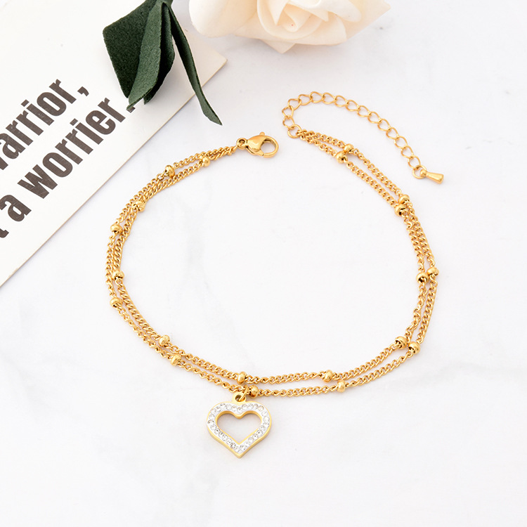 Jewelry Titanium Steel Double-layer Beads Sweet Love Zircon Anklet Female
