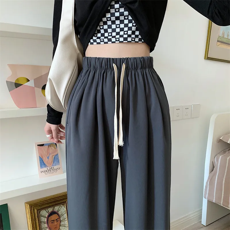 Women's High Waist Loose Straight Leg Pants - Grey