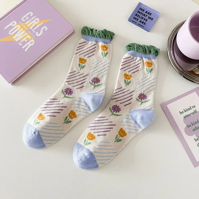 Cute Cartoon College Style Cotton Socks For Women's Middle Sleeves Slender Geometry - Shop at LoveMi