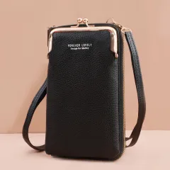 Mobile Phone Bag With Lock Design Korean Style Fashion Lychee Pattern Crossbody Bags For Women - Black - View 1