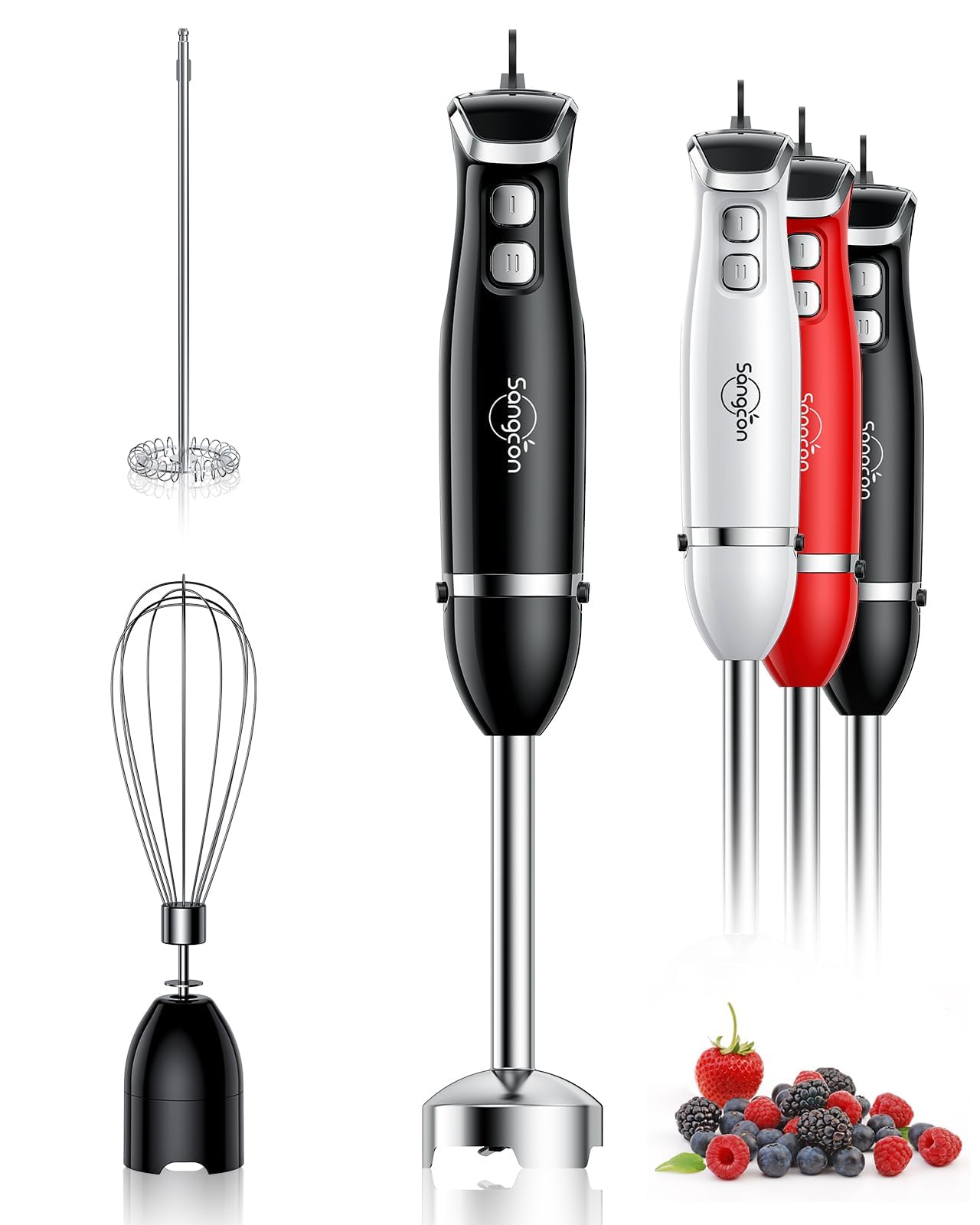 Immersion blender handheld with stainless steel blade, whisk, and milk frother attachments in black color