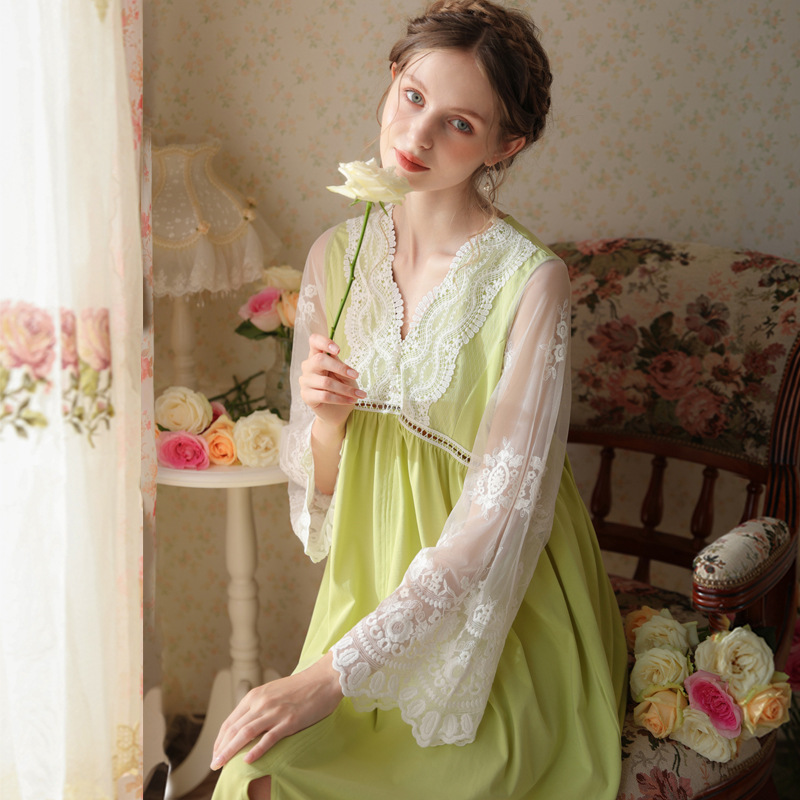 Title 7, Long-sleeved V-neck Nightdress Embroidered With...