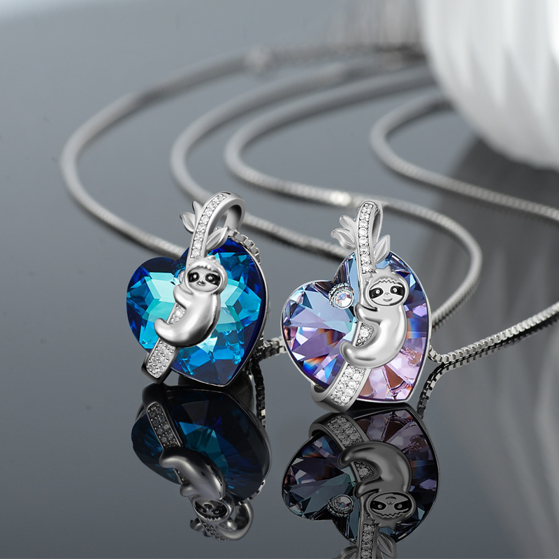 Sterling Silver Crystal Necklace Female Sloth Heart Pendant