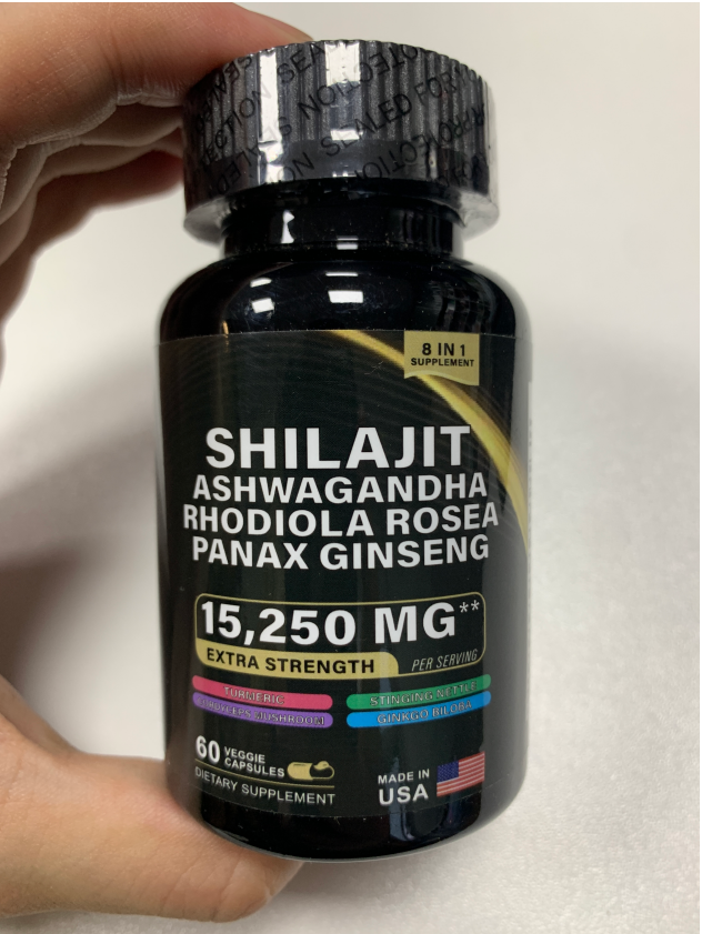 Bottle of Shilajit Pure Himalayan 9000MG, Energy Booster Ashwagandha 2000MG, Rhodiola Rosea 999MG, Panax Ginseng 1500MG, Turmeric 500MG, Ginkgo Biloba 500MG, Stinging Nettle 250MG Cordyceps Mushroom 500