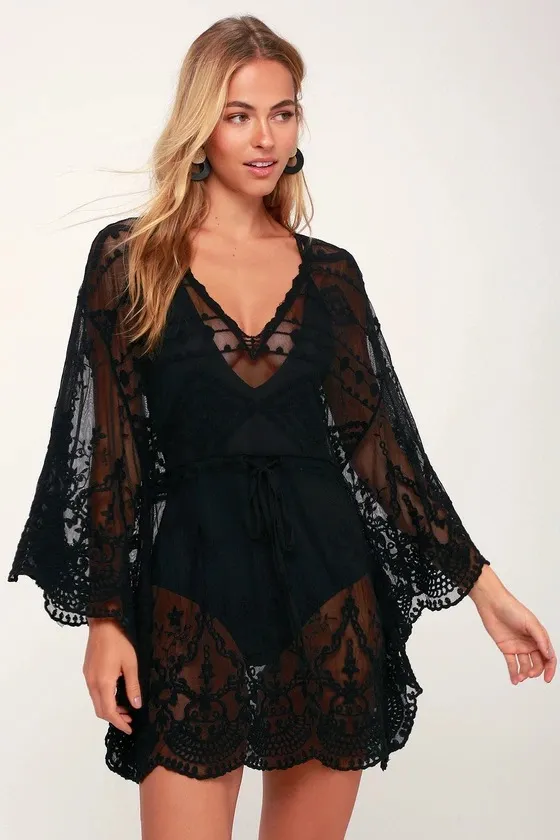 New Lace Swimsuit With Blouse And Hollow Bikini Black - Shop at LoveMi