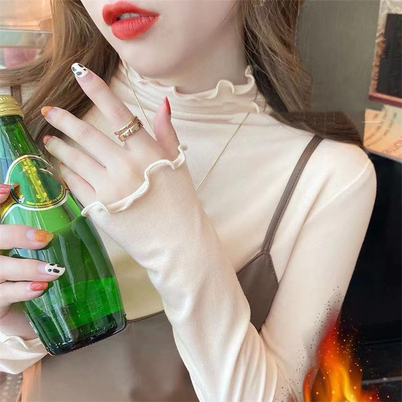 Women's Half-high Collar Solid Color Slim-fit Bottoming Shirt With Wood Ears