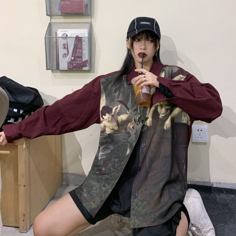 Men's And Women's Vintage Angel Print Colorblock Long Sleeve Shirt