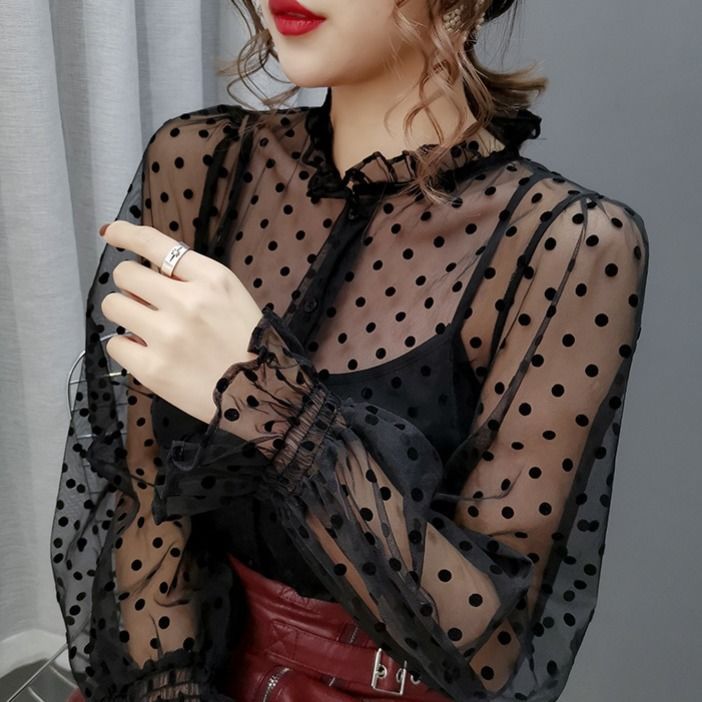 Women's Milk Tea Polka Dot Mesh Shirt