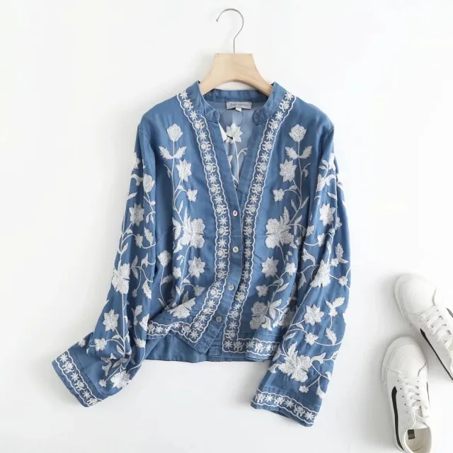 Embroidered V neck Tencel Cotton Denim Shirt For Women Light Blue - Shop at LoveMi