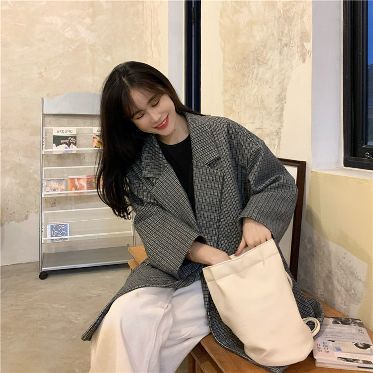 Mid-length Plaid Small Suit And Long-sleeved