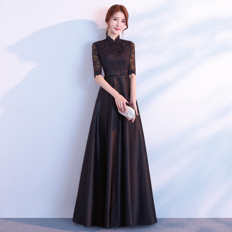 The End Elegant Long Sleeve Thin Company Annual Meeting Black Dress Dress Long Section Stand Up Collar Black Long - Shop at LoveMi
