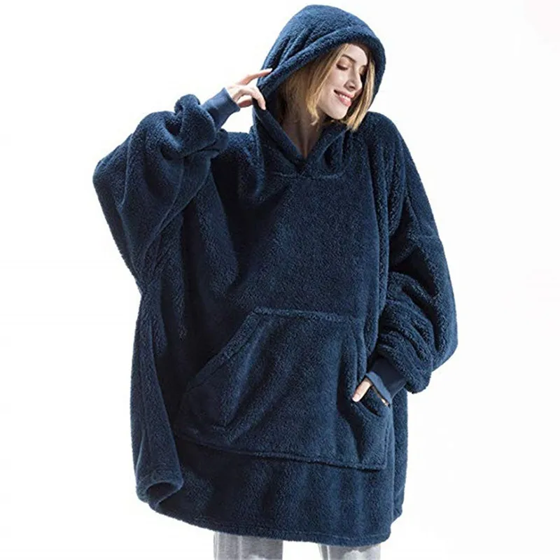 Winter Hoodie Sweatshirt With Big Pocket Women Hooded Tops Clothes - Dark Blue