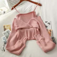 Versatile Off Shoulder Sling Knit Sweater Fake Two Pieces Long Sleeve - Pink - View 1