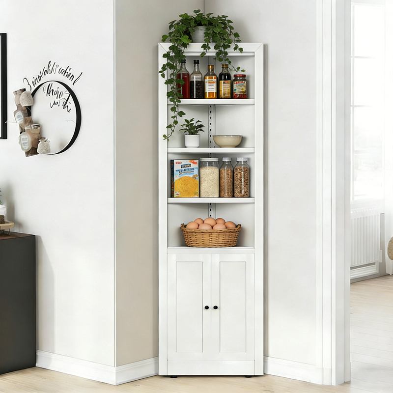 71in White Corner Storage Cabinet W 2 Doors, 5-Tier Metal Shelving Unit For Kitchen Pantry Living Room Bathroom Laundry 2