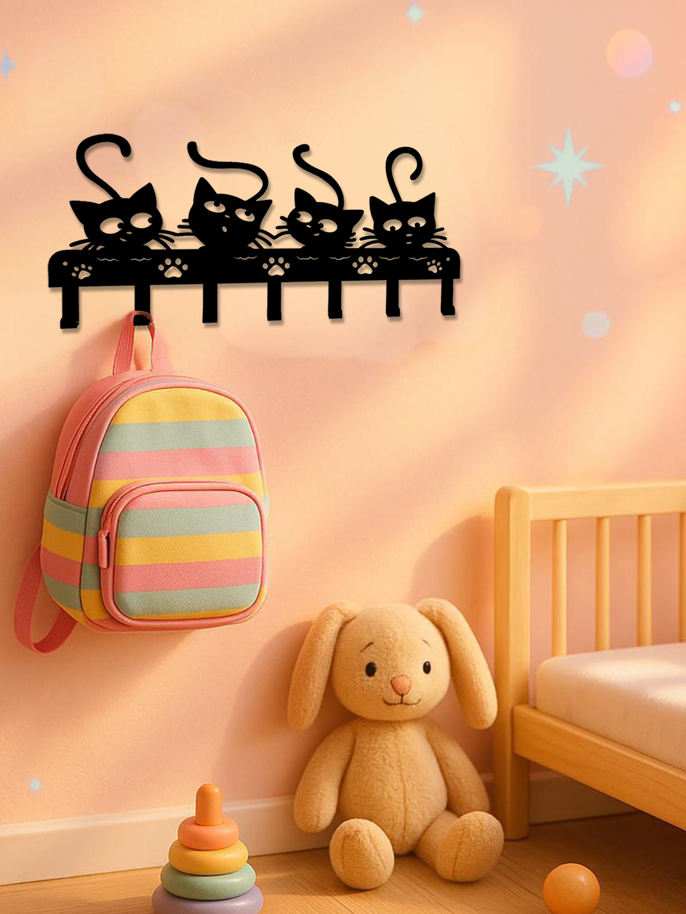 1pc Black Cats Wall Hooks Key Holder W 7 Hooks - Black Iron Wall-Mounted Rack_voghion.com