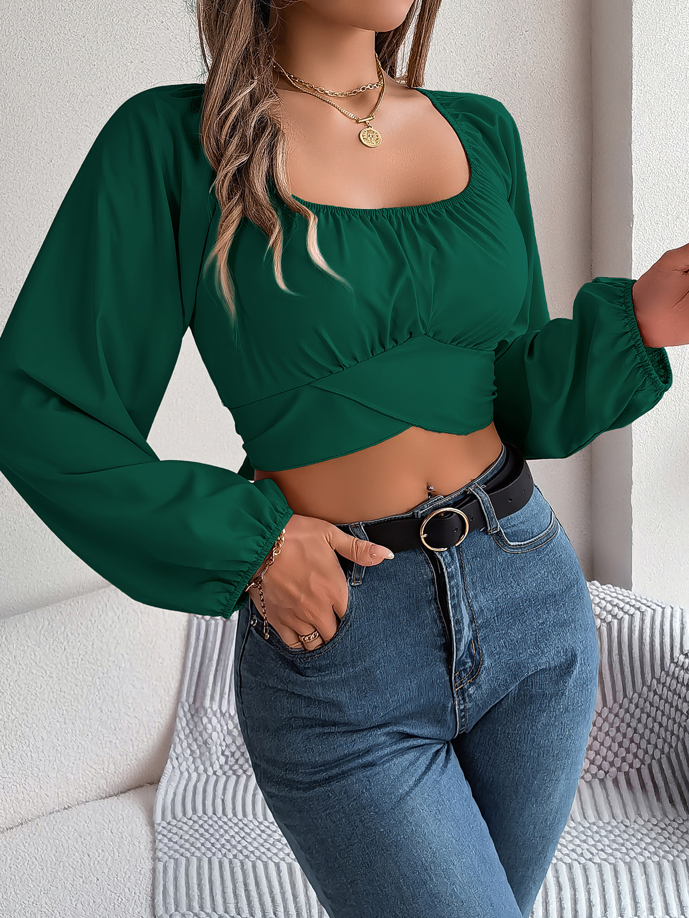 Women's Casual Lantern Sleeve Tie Waist Chiffon Crop Top
