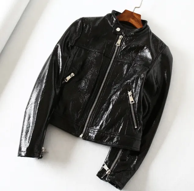 Black Bright Leather PU Short Motorcycle Jacket