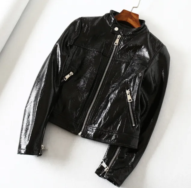 Black Bright Leather PU Short Motorcycle Leather Jacket Women's Jacket Black - Shop at LoveMi