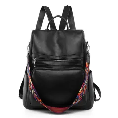 PU Ladies Simple Solid Colour Travel Anti-theft Backpack - Black - View 1