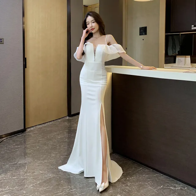 One neck Low cut Long Halter Dress White - Shop at LoveMi