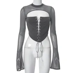 Solid Colour Casual Backless Round Neck Long Sleeve Lace-up Gauze Slim Top - Dark Grey - View 1