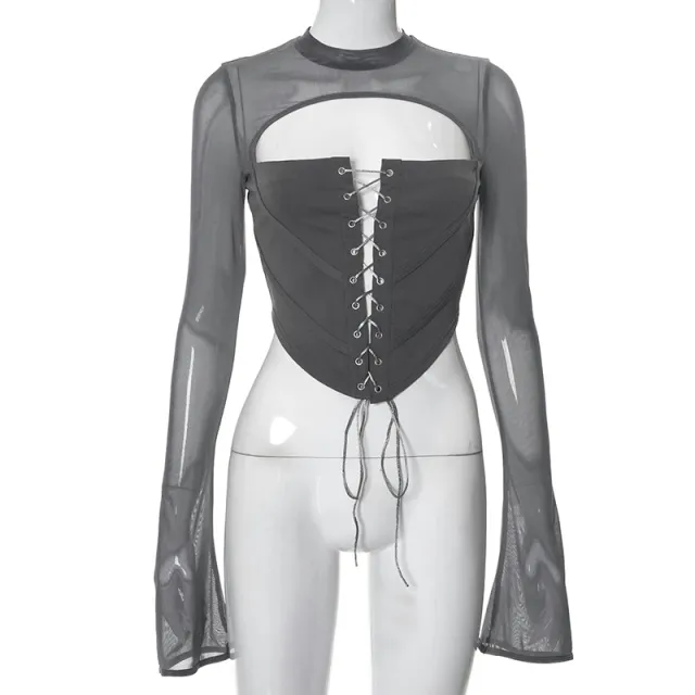 Solid Color Casual Backless Round Neck Long Sleeve Lace up Gauze Slim Top Dark Grey - Shop at LoveMi