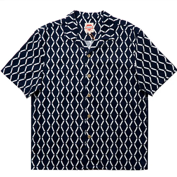 Men's And Women's Short-sleeved Shirts With Slub Cotton And Linen Cuban Collar - Indigo Diamond-2Xl