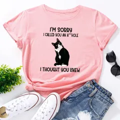 Beautiful Women's Cute Letter Cat Print Loose Round Neck Short-sleeved T-shirt Women - Deep Pink - View 1