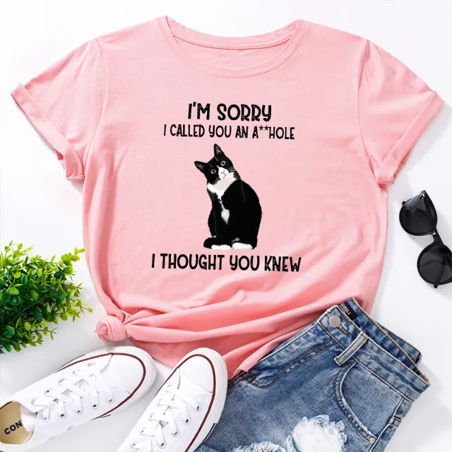 Beautiful Women's Cute Letter Cat Print Loose Round Neck Short sleeved T shirt Women Deep Pink - Shop at LoveMi
