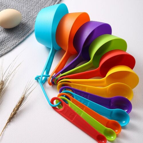 6 Measuring Spoons and 6 Cups Set. we ship only inside the US, USPS First Class Package 2 Day Handling , 2-5 Day Shipping. 12-Piece Plastic Measuring Cups and Spoons Set Great for Baking and Cooking 12 Piece Measuring Cups and Spoons Set, Colored Kitchen 