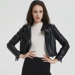 Fashion Women's Short Jacket With Washed Leather And Rivets - Black - View 1
