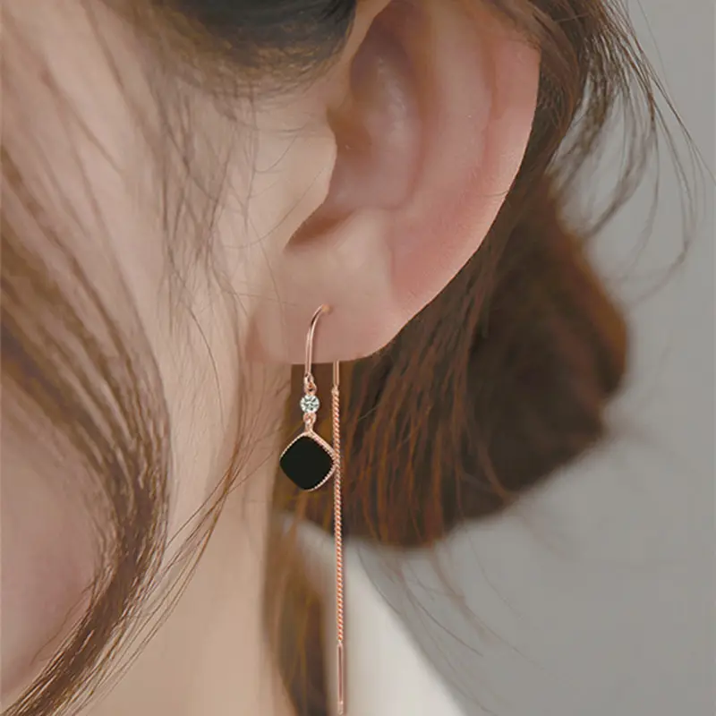 Black Square Tassel Earrings for Women Sterling Silver