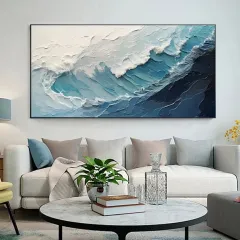 New Abstract Large Size Handmade Oil Painting Blue White Ocean Waves Texture Landscape Painting For Living Room Art Wall Decoration - Without Inner... - View 1