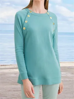 Women's New Metal Button Round Neck Plain Casual Long-sleeved Sweater - Blue - View 1