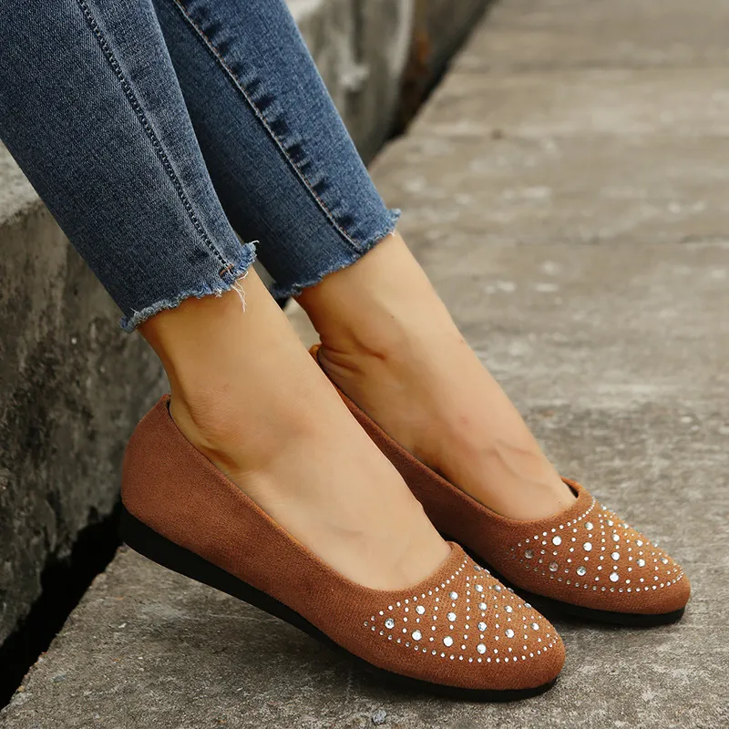 Fshion Flats Shoes With Rhinestones Casual Round Toe Loafers Cozy Shoes For Women - Brown