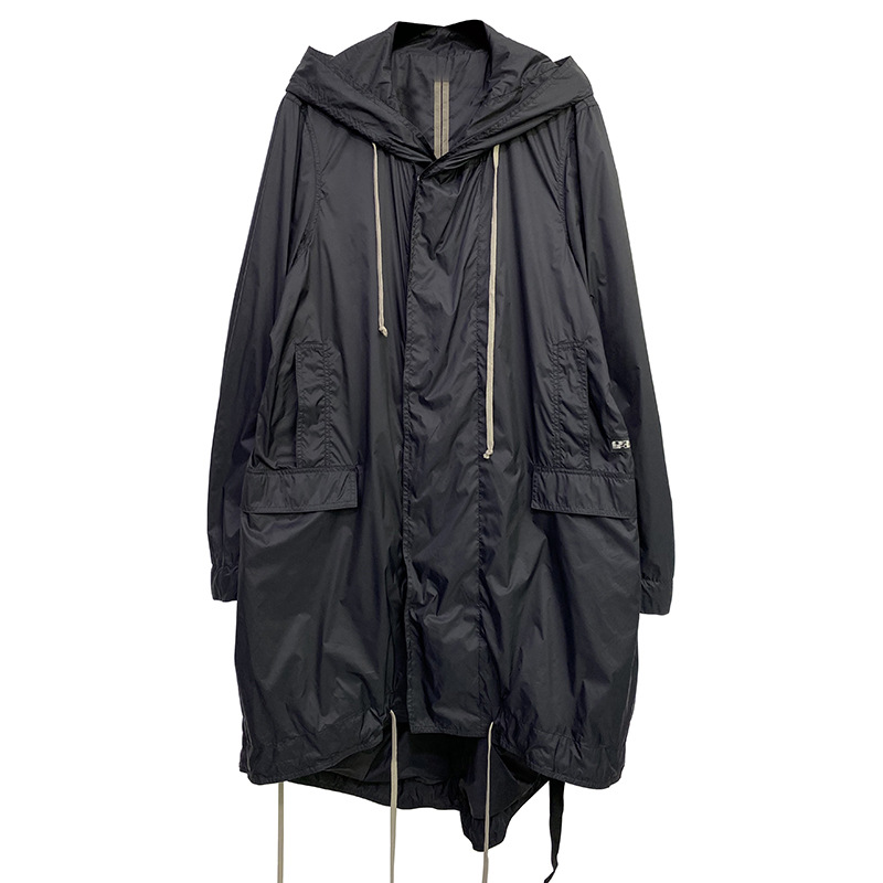 Ro Hooded Casual Thin Style Zipper Black Loose Type Spot Side Seam Insert Bag Solid Color Coat Large Robe Trench Coat Men