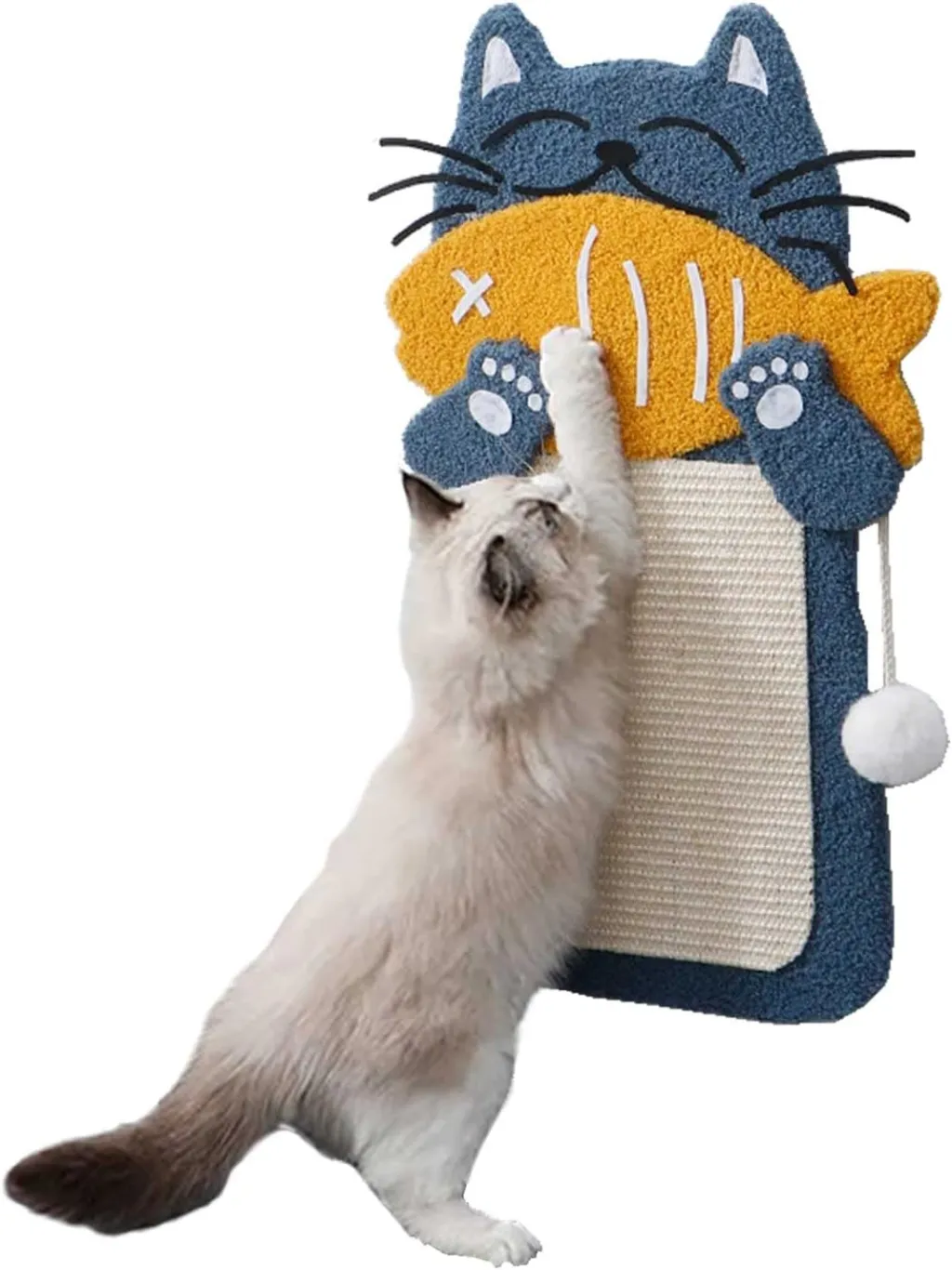 Sisal Scratch Posts With Hanging Ball, Cat Scratching Board With Cat Bed, Cat Eating Fish Shape Cat Scratch Pad For Indoor Cats Kitten - Wallmounte...