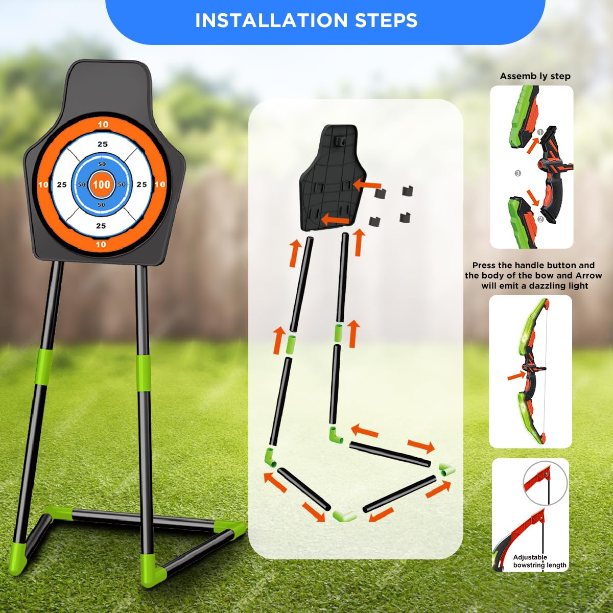 VATOS 2 Pack Bow And Arrow Toy With LED Light-4 In 1 Archery & Dart Game Set With 20 Suction Cup Arrows, Shark Glow Target & Dart Board - Indoor Outdoor Birthday Gift For Kids Boys Girls Ages 5-12