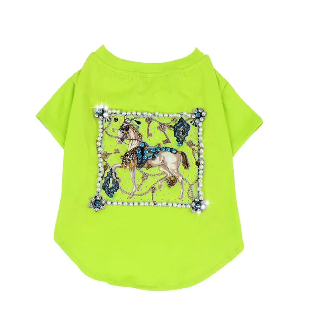Schnauzer Teddy Clothes Summer Thin T shirt White Horse Inlaid Diamonds Green - Shop at LoveMi