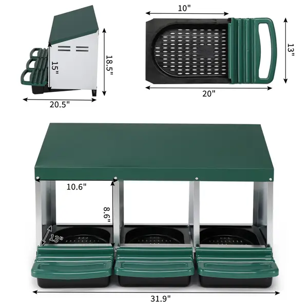 3 Compartment Roll Out Chicken Nesting Box With Plastic Basket, Egg Nest Box Chicken Laying Box Hens Chicken Coop Box, Green