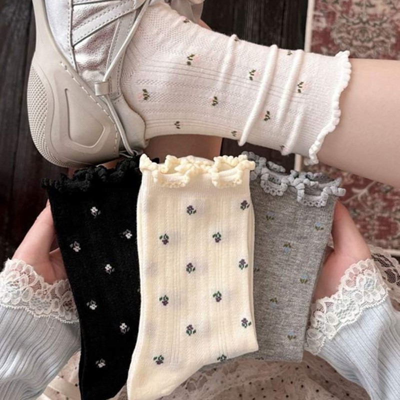 2pairs Mid Length Socks For Spring Summer Socks With Lace Bubble Mouth Black White Floral Socks Versatile  Women