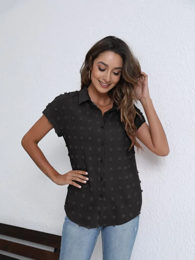 Women's Summer New Loose Button Short Sleeve Shirt Black - Shop at LoveMi