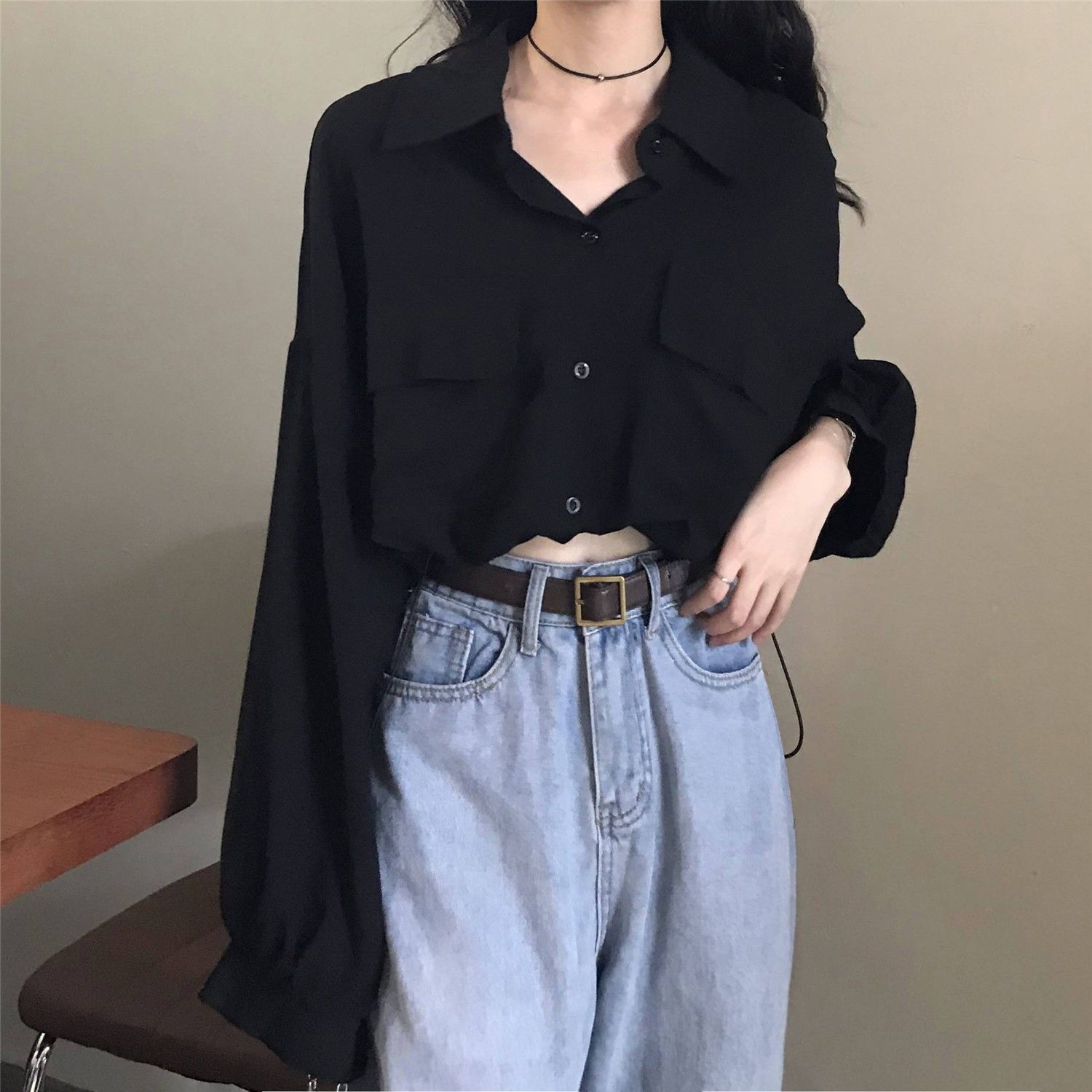 Women's New Black Long Sleeve Shirt Short Outer Wear