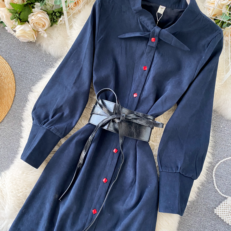 Light Mature Style Dress Women's Autumn And Winter New Design Sense Of Contrast Color-breasted Slim-fit Mid-length Shirt Skirt Trend