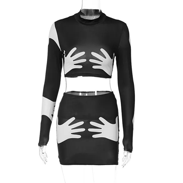 Fashion Print Crop Long Sleeve Top Slim Short Style Skirt Suit Black - Shop at LoveMi